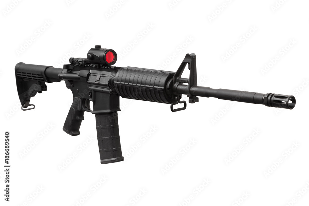 Modern black carbine with a collimator sight isolated on white Modern black carbine with a collimator sight isolated on white