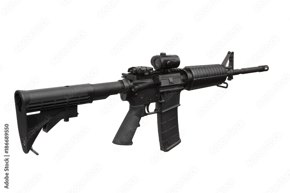 Modern black carbine with a collimator sight isolated on white