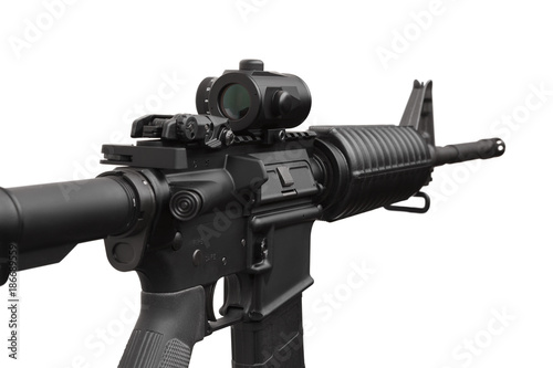 Modern black carbine with a collimator sight isolated on white