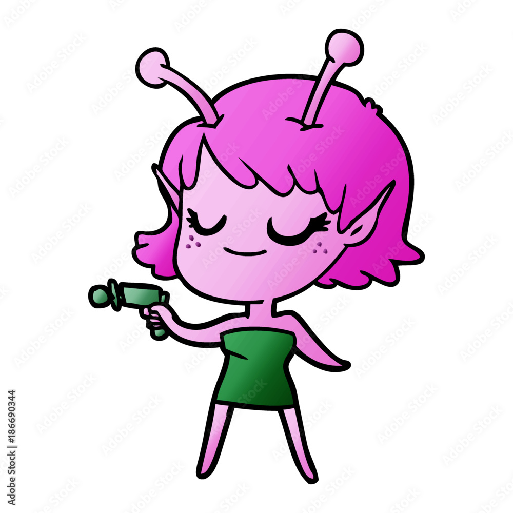 smiling alien girl cartoon pointing ray gun smiling alien girl cartoon pointing ray gun
