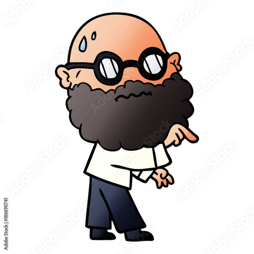 cartoon worried man with beard and spectacles pointing finger