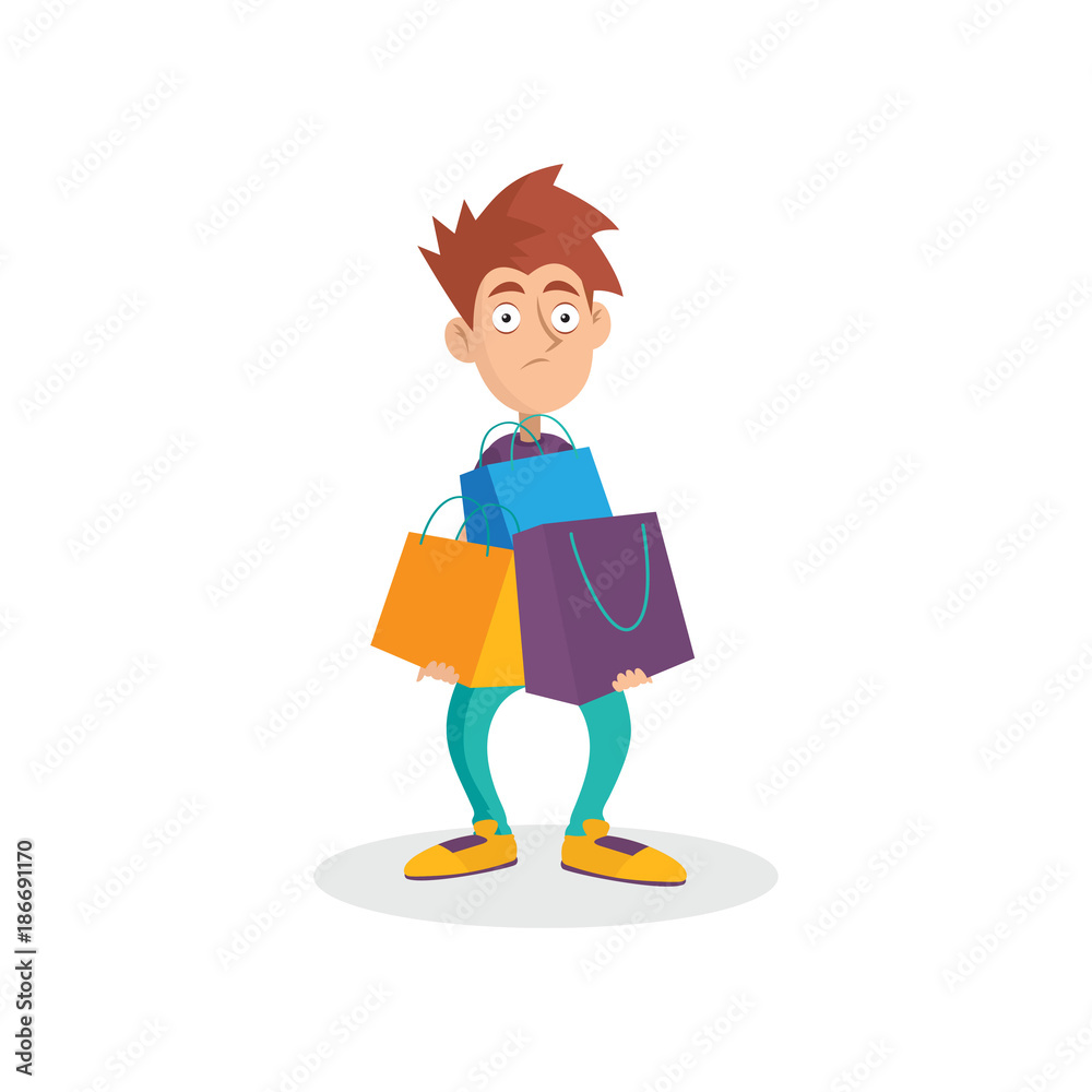 Young man holding lots of paper shopping bags. Cartoon male character with confused face expression. Bad habit. Shopaholic concept. Flat vector illustration Young man holding lots of paper shopping bags. Cartoon male character with confused face expression. Bad habit. Shopaholic concept. Flat vector illustration