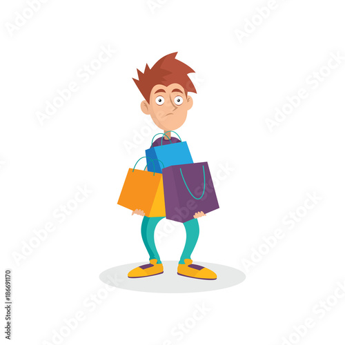 Young man holding lots of paper shopping bags. Cartoon male character with confused face expression. Bad habit. Shopaholic concept. Flat vector illustration