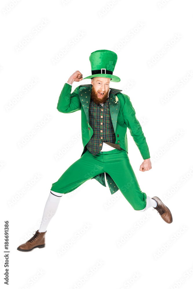 leprechaun jumping in green suit, isolated on white leprechaun jumping in green suit, isolated on white