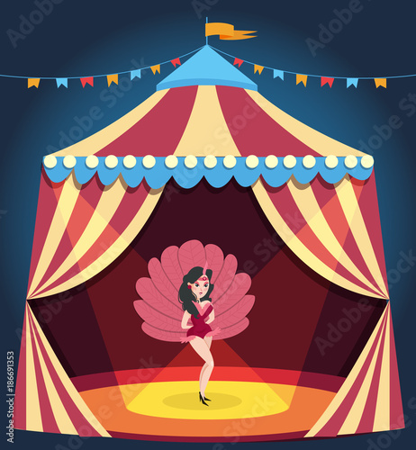 Dancing girl on circus arena. Entertaining show. Woman in burlesque corset costume with feathers. Carnival marquee decorated with colorful bunting. Flat vector design