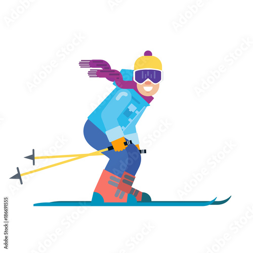 Cartoon skier isolated. Skiing sportsman character in ski suit vector illustration. Smiling man on skis on white background. photo