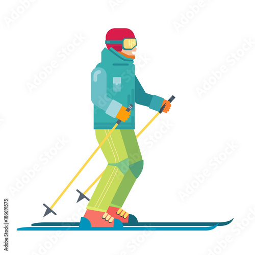 Cartoon skier isolated. Skiing sportsman character in ski suit vector illustration. Smiling man on skis on white background.