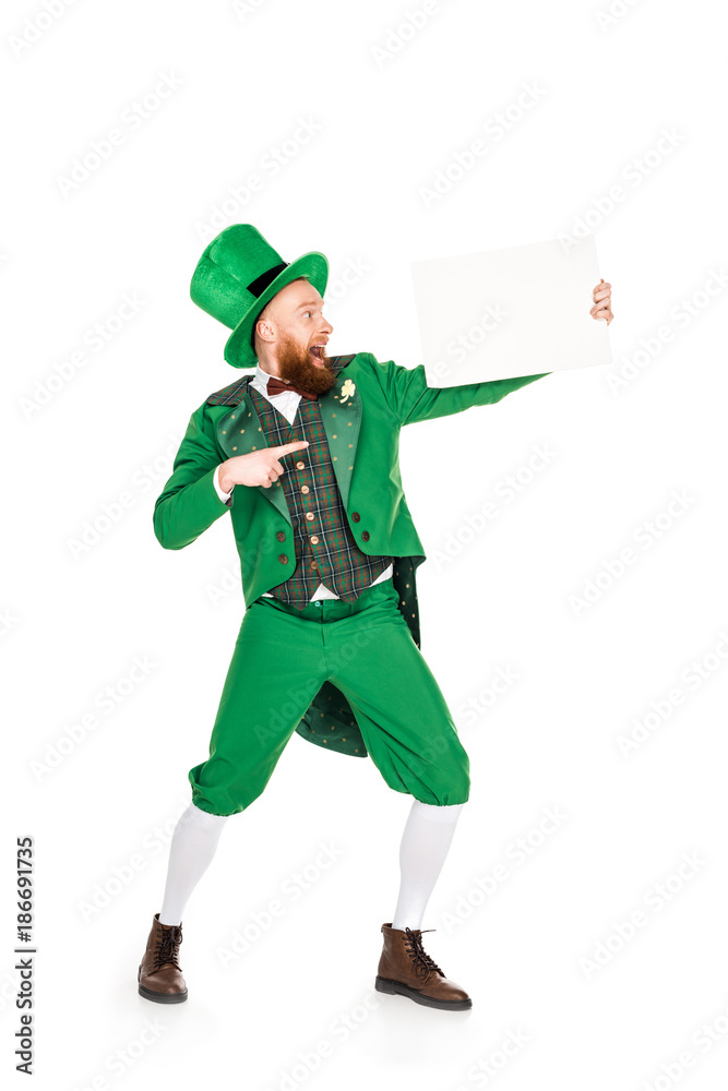 leprechaun in green suit pointing at blank placard, isolated on white leprechaun in green suit pointing at blank placard, isolated on white