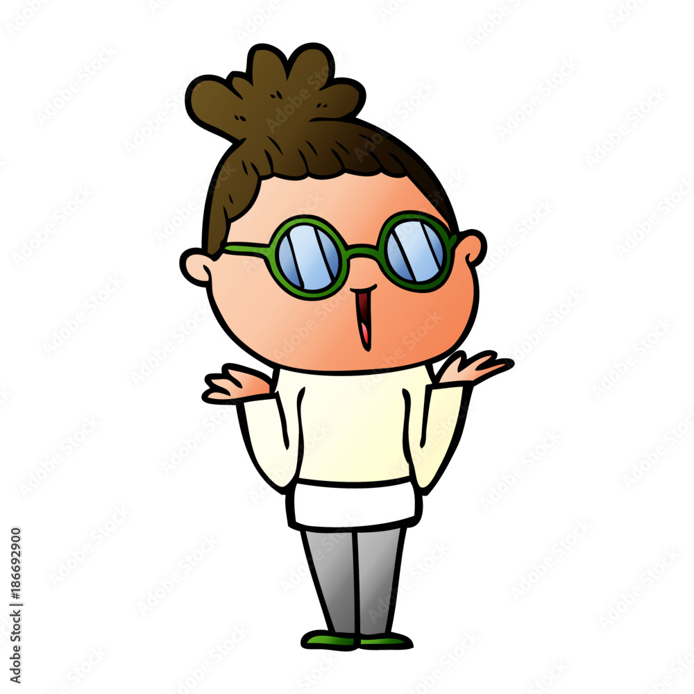 cartoon shrugging woman wearing spectacles
