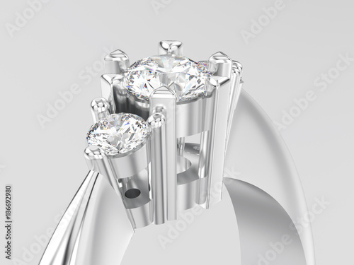 3D illustration close up white gold or silver three stone diamond ring