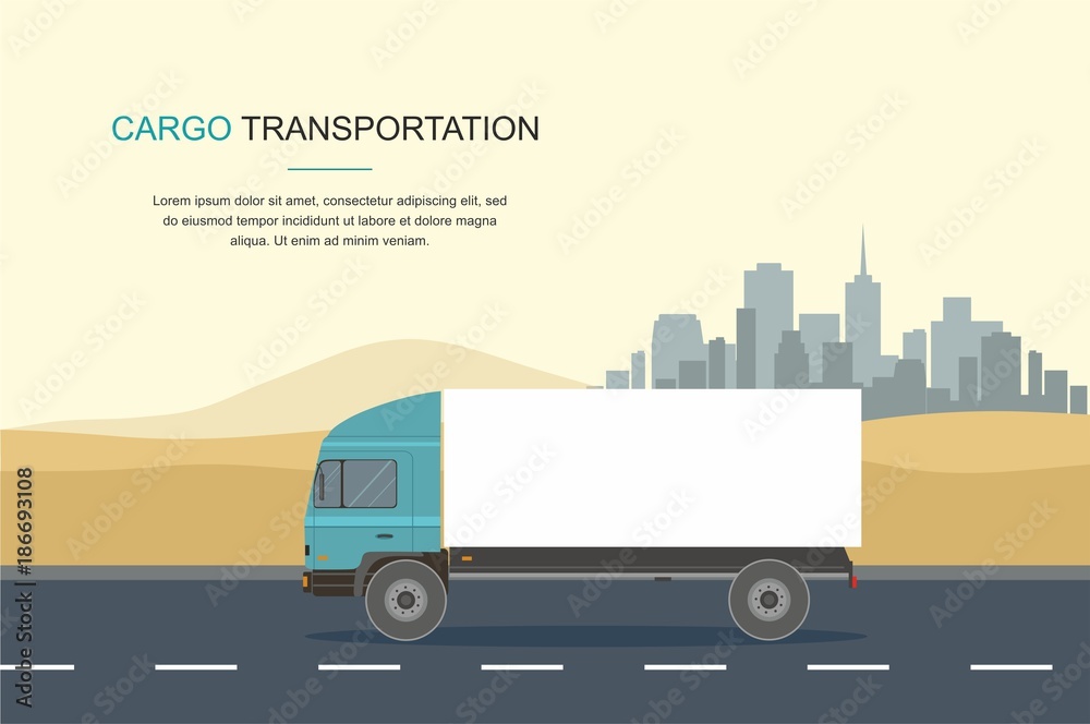 Blue Cargo Delivery Truck Isolated on in the desert and sity Background	