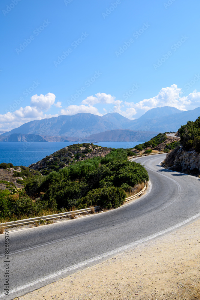 Asphalt road along the sea. Greece, Crete.