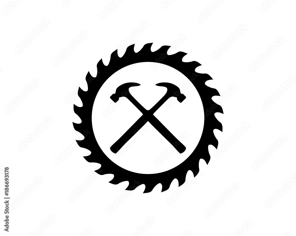 Cross Hammer and Woodworking Tools Saw Blade Circular Sawmill Blades Illustration Symbol Vector