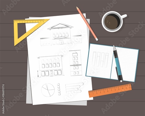 Workplace Technical project architect house plan blueprint. Construction background.	