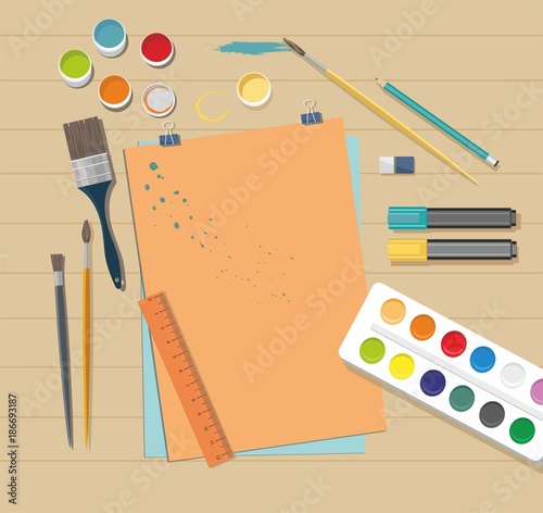 School accessories for art. Paints, brushes, pencils, pen, paper.  