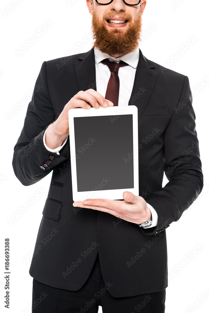 cropped shot of bearded businessman holding digital tablet with blank screen isolated on white cropped shot of bearded businessman holding digital tablet with blank screen isolated on white
