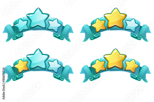 level complete templates, stars rank on blue ribbon, assets for games design, Cartoon game rating icons. Ranking elements. GUI elements for animation