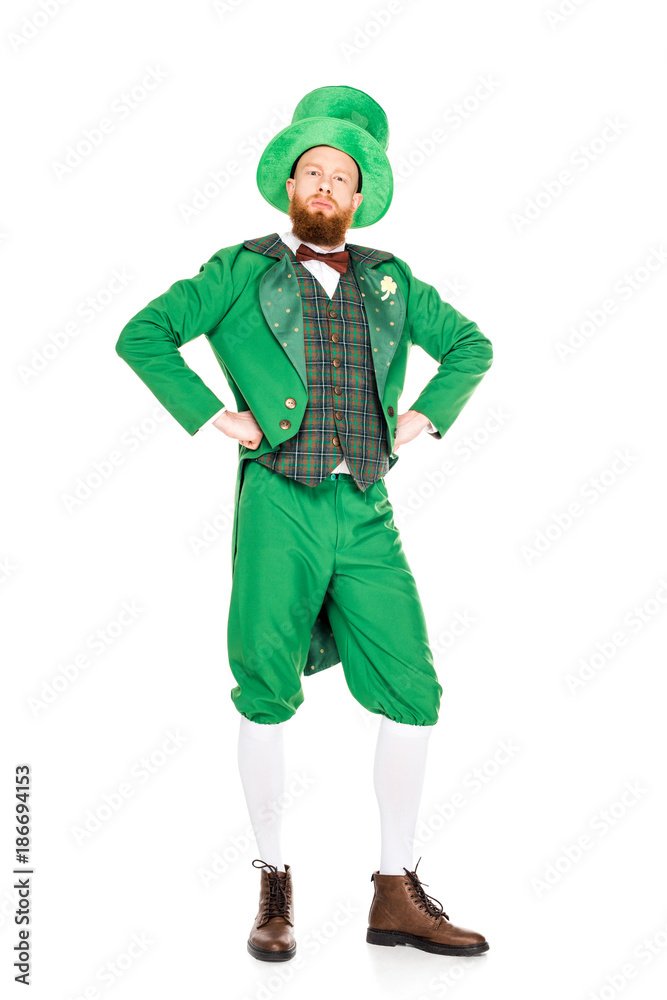 handsome leprechaun in green suit and hat, isolated on white handsome leprechaun in green suit and hat, isolated on white