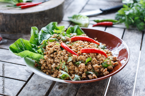 Thai food Ground pork salad or Spicy minced pork salad