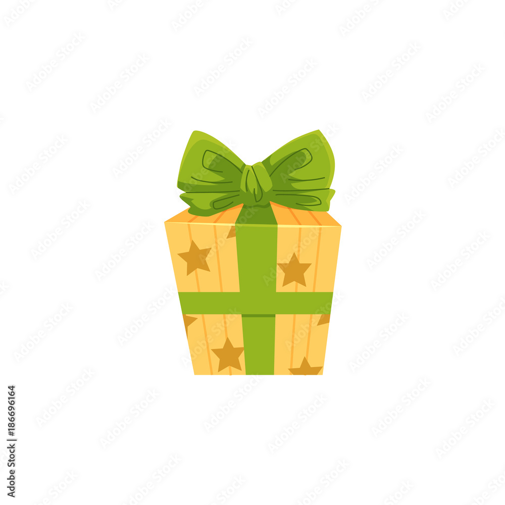 Birthday present, Christmas gift wrapped in yellow paper and tied with  green bow, cartoon vector illustration isolated on white background.  Birthday, Christmas present, gift in yellow box Stock Vector | Adobe Stock