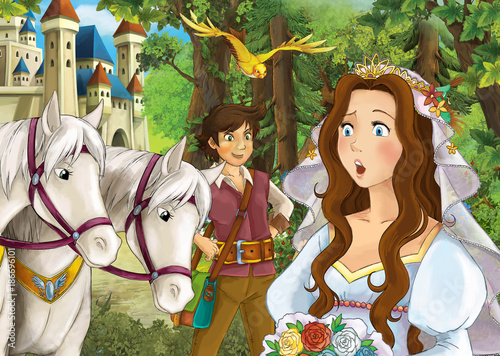 cartoon scene with happy couple in the forest near the castle on a horse trip - illustration for children