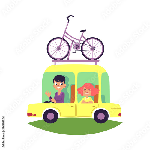 Couple, family travelling by car with bicycle fastened on top, cartoon vector illustration isolated on white background. Happy smiling couple, family on a car trip with bicycle mounted on top, roof © sabelskaya