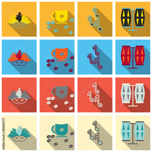 Brazil icons collection. Vector illustration with Brazilian culture and nature icons, including toucan, in carnival costume and in trendy flat style.