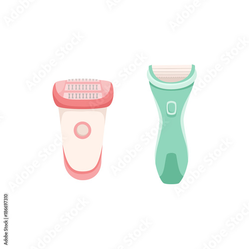 vector flat shaving, hair removal, epilation and depilation tools icon set. Electric epilator and shave. Isolated illustration on a white background.