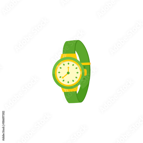 Mechanical wristwatch, wrist watch with green colored plastic wristband, flat cartoon vector illustration on white background. Modern mechanical wristwatch wrist watch with plastic wristband