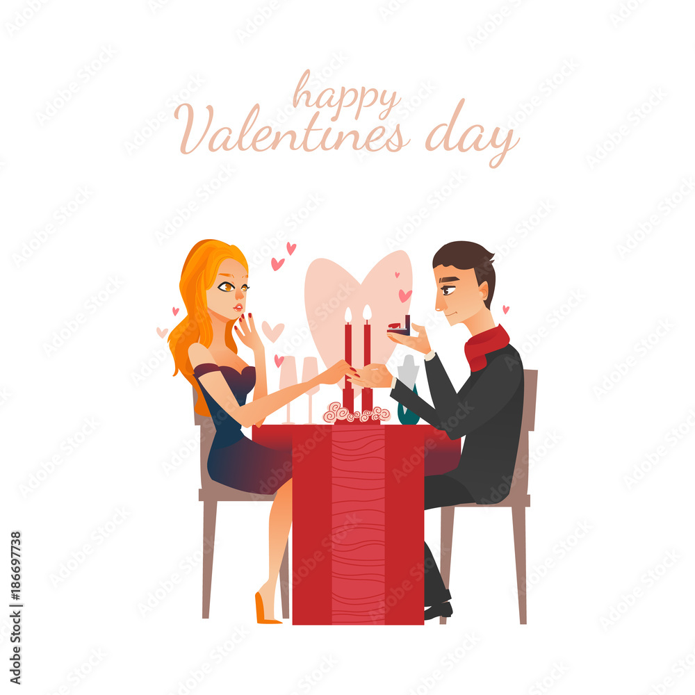 Vector cute couple in love dating at valentine's day. Cartoon beautiful  characters in evening dress man making proposal holding wedding ring siting  at restaurant to excited girl. Isolated illustration Stock Vector |