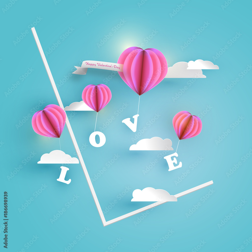 abstract pink heart hot air balloons carrying LOVE letter in pale blue sky  with white clouds and frame big alphabet L letter. Paper art.Happy  valentines day vector greetings card design Stock Vector