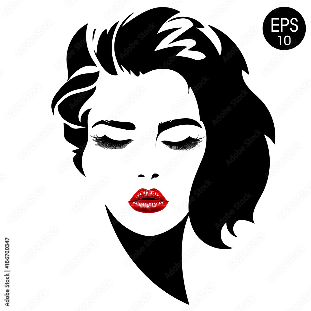 Woman face. Vector fashion portrait of pretty girl with red lips  image