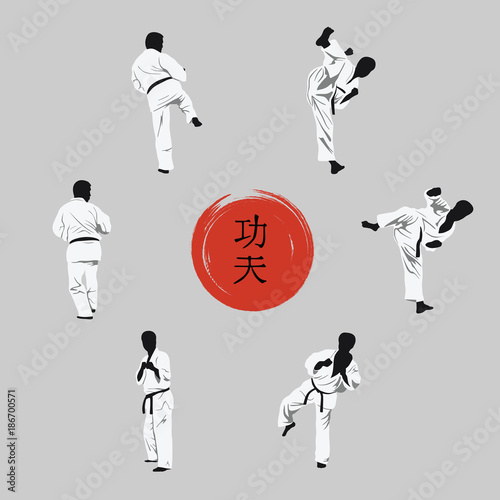 A group of men showing Kung Fu and a hieroglyph on a red background.