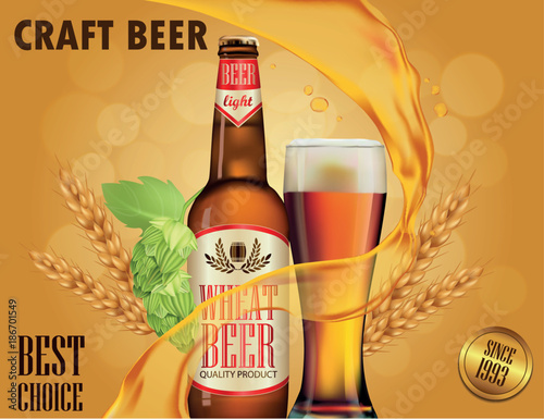 Beer advertisement design. Poster template for classic white beer ad package design. Vector glass bottle and cup with beer, 3d illustration