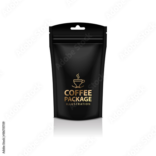 Blank Foil Coffee Doy Pack Pouch Sachet Bag Packaging with Zipper. Vector Isolated Mock up temlate