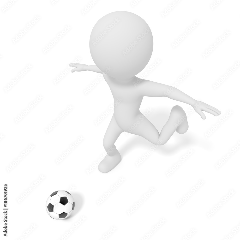 White man kicking soccer ball or football in competition match game. 3D illustration. People Model rendering graphic. isolated white background. Football league and World cup concept. Cartoon theme White man kicking soccer ball or football in competition match game. 3D illustration. People Model rendering graphic. isolated white background. Football league and World cup concept. Cartoon theme