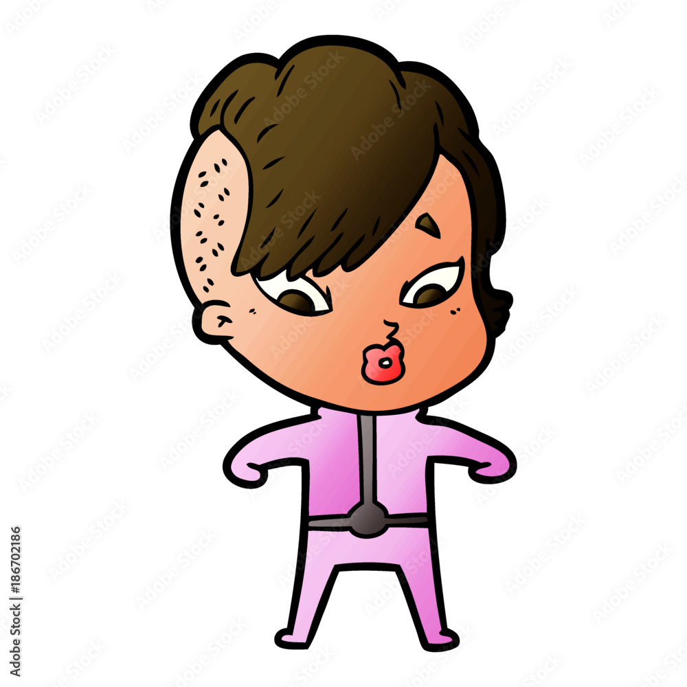 cartoon surprised girl in science fiction clothes