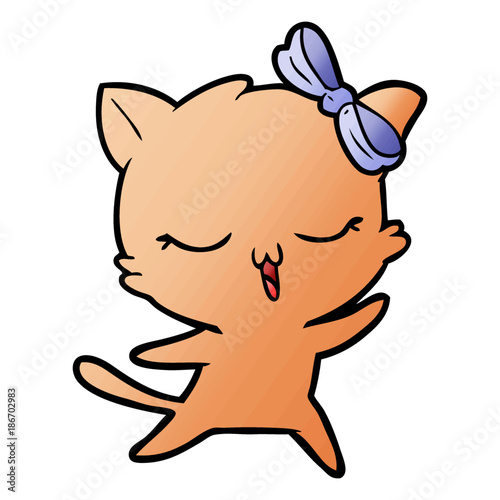 cartoon dancing cat with bow on head
