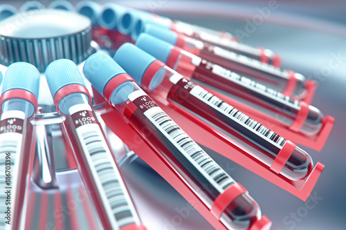 Lab equipment centrifuging blood. Concept image of a blood test.3d rendering.