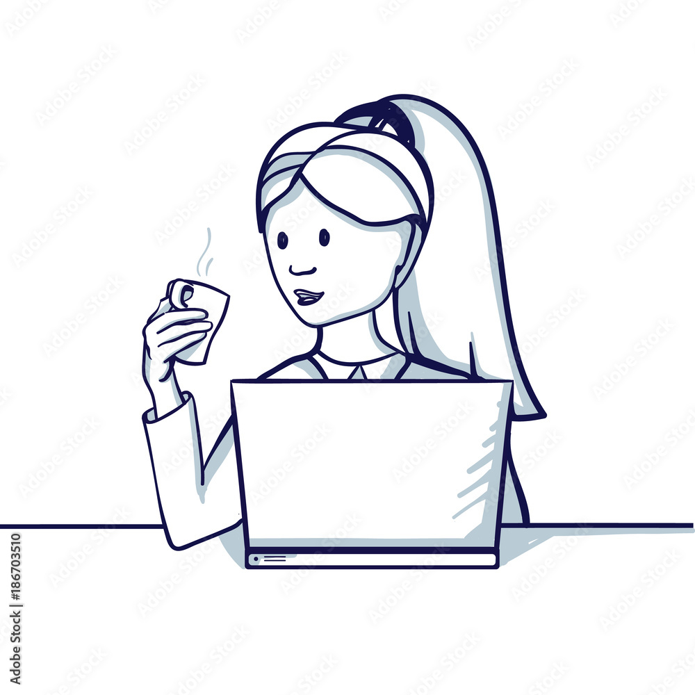 Young business woman sitting at the table, next to his laptop and drinking tea. Hand drawn doodle cartoon vector illustration.. Young business woman sitting at the table, next to his laptop and drinking tea. Hand drawn doodle cartoon vector illustration..