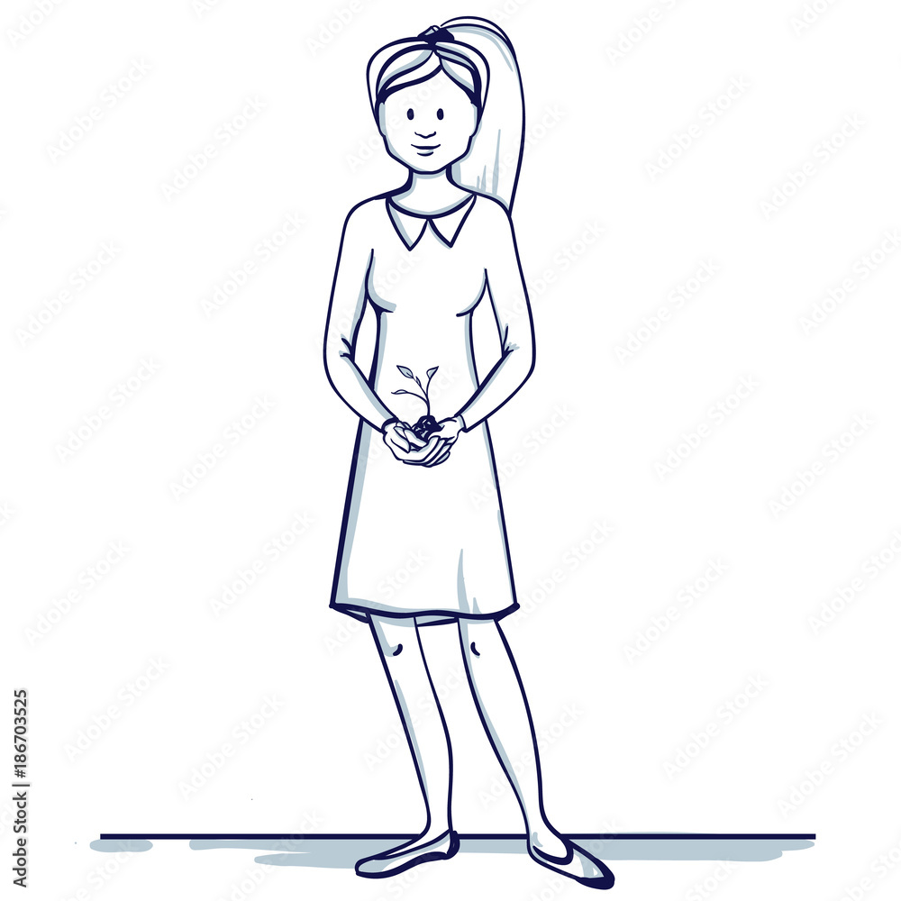 Young business woman stands. She holds a sprout in his hands. Symbolizes successful business, growth trend. Hand drawn doodle cartoon vector illustration.. Young business woman stands. She holds a sprout in his hands. Symbolizes successful business, growth trend. Hand drawn doodle cartoon vector illustration..