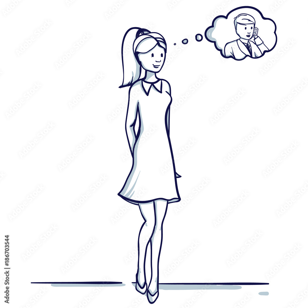Young business woman stands. She is happy, remembers the man. Hand drawn doodle cartoon vector illustration.. Young business woman stands. She is happy, remembers the man. Hand drawn doodle cartoon vector illustration..