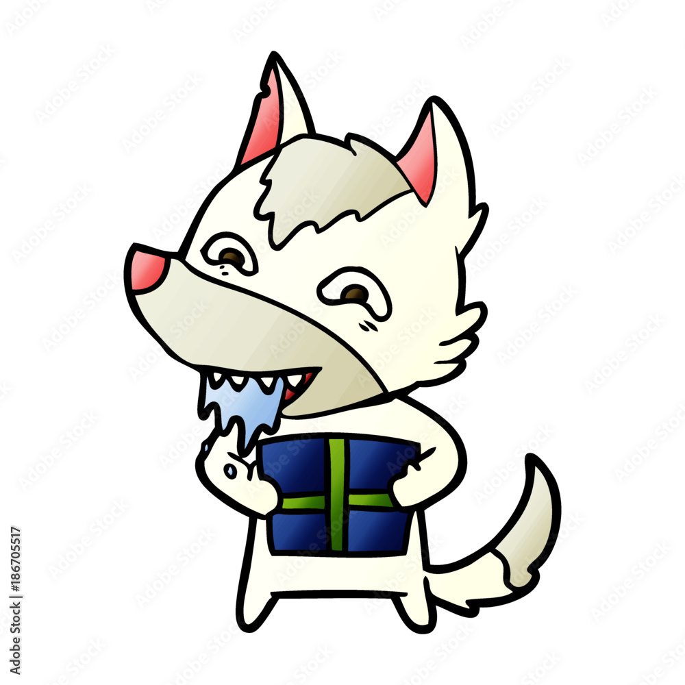 Fototapeta premium cartoon hungry wolf holding christmas present