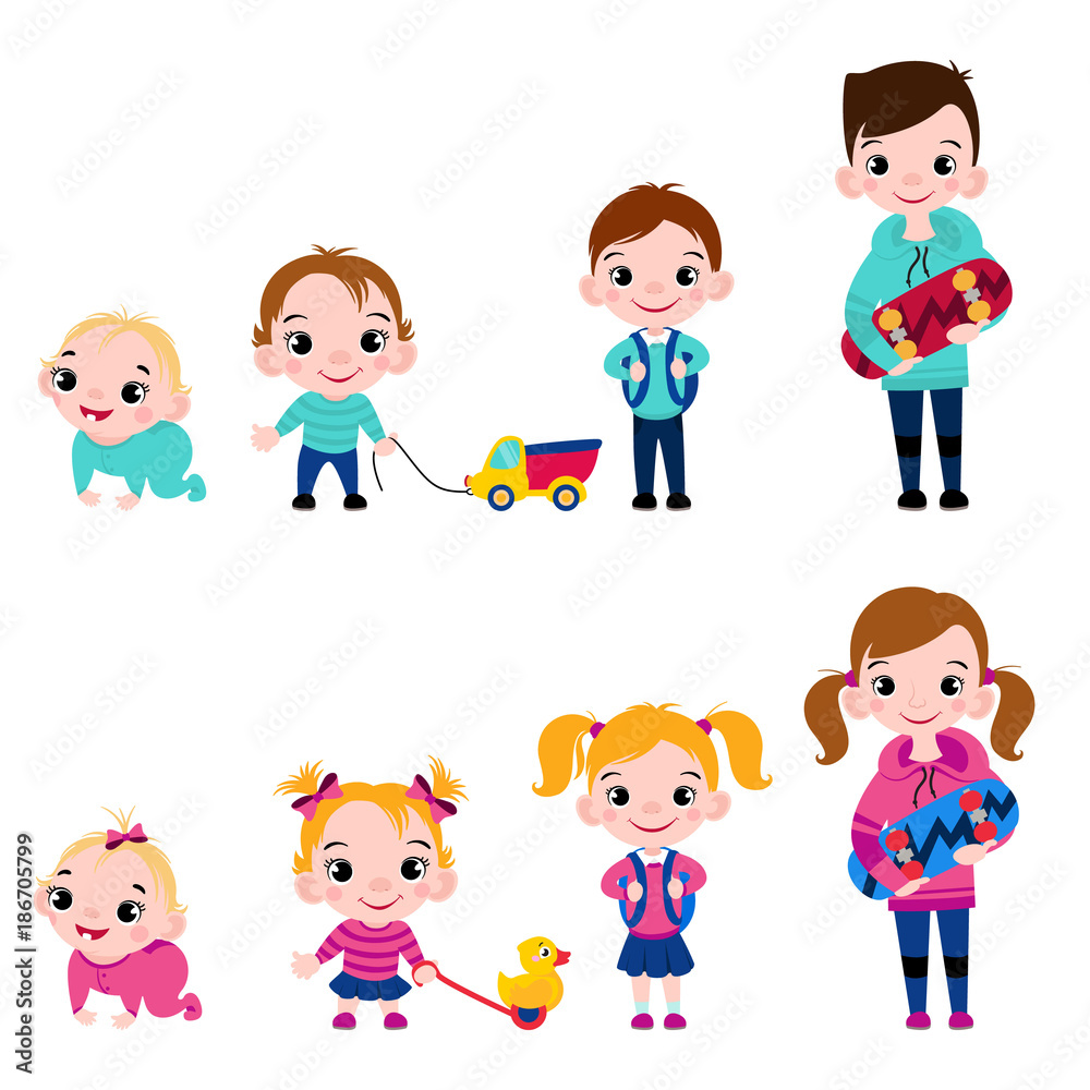 Set of Cute little boys and girls. Vector Baby boys and girls image isolated on white background. Set of Cute little boys and girls. Vector Baby boys and girls image isolated on white background.