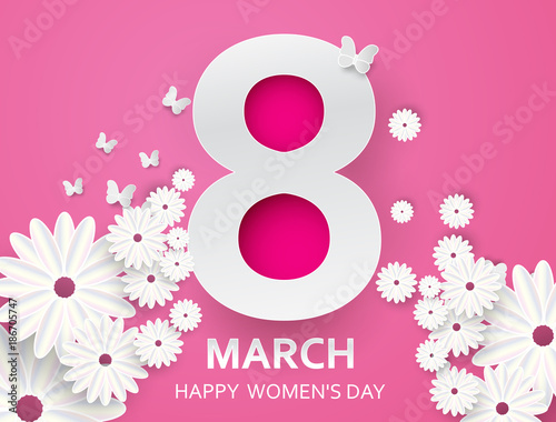 8 March. Happy Mother's Day. Paper cut Butterfly with flower holiday background