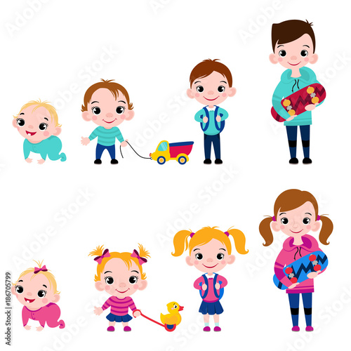 Set of Cute little boys and girls. Vector Baby boys and girls image isolated on white background.