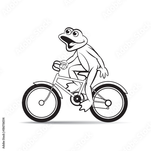 black outline happy frog cartoon or mascot riding push bicycle vector illustration