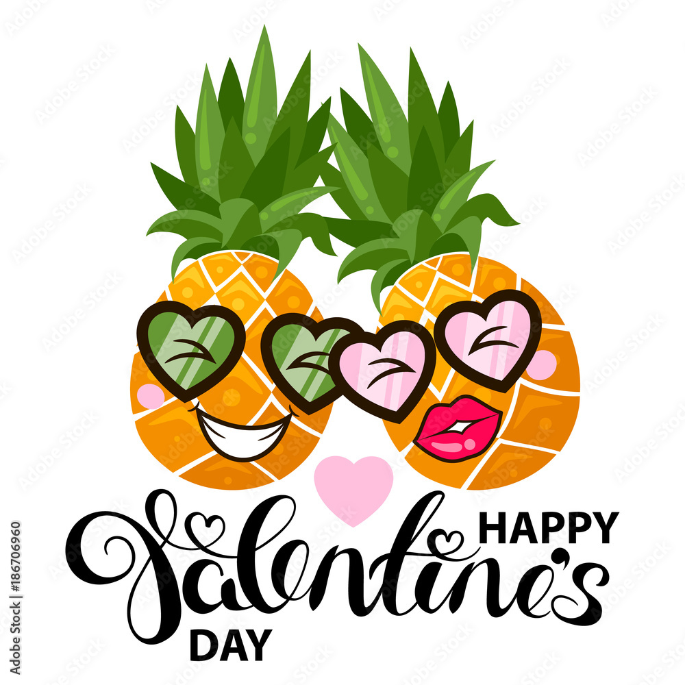 Happy Valentines Day card with pineapple and heart. Hand Drawing Vector Lettering design. Good For Greeting Cards, Print Design. Vector Illustration