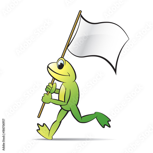 green color frog cartoon or mascot running with white flag vector illustration
