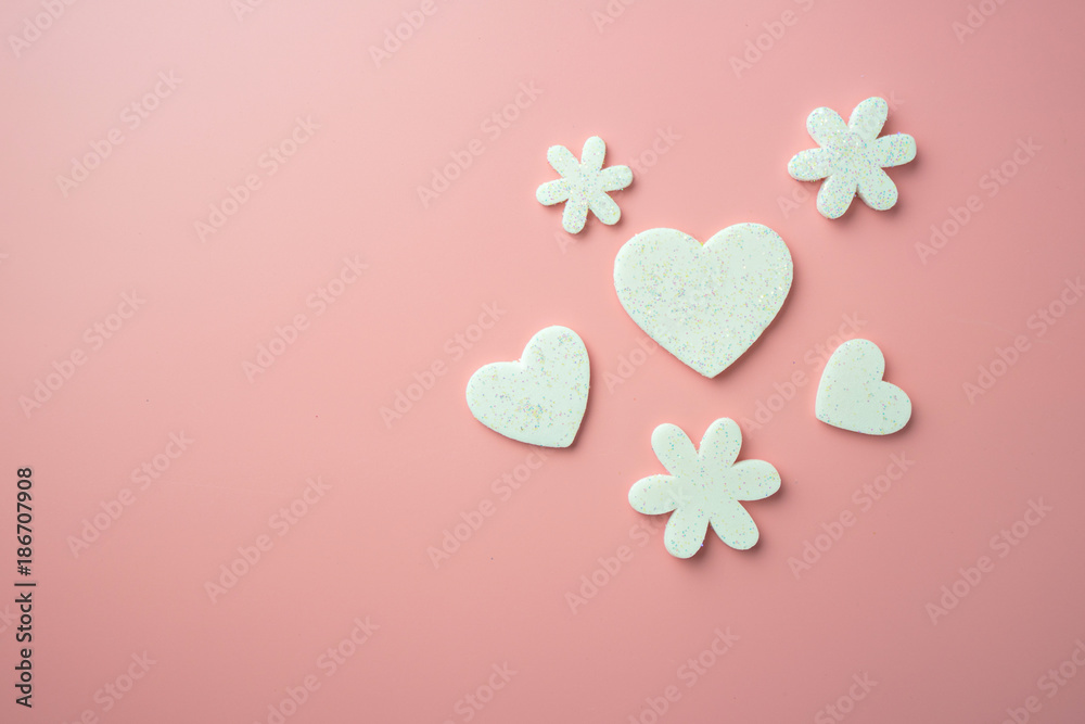 Flat lay design of white heart on pink background. Flat lay design of white heart on pink background.